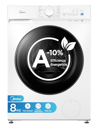 Midea Lavatrice 8 kg Classe A-10% 1400 Giri Silent Inverter Motor | Vapore Igienizzante, Rimozione Peli Animali, Programma Sport e Motore Silenzioso per Case con Animali MFV3EW80BA10