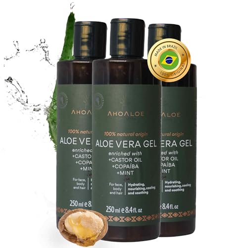 AHOALOE Pack of 3 Brazilian Aloe Vera Gel - Multipurpose Moisturizing Natural Gel with Copaiba, Castor Oil and Fresh Mint and Natural for Face, Skin and Hair - After Sun Care, Sunburn Relief 3x 8.4oz