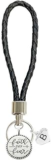 Custom Faith Over Fear Silver Circle Charm Black Leather Key Chain Choose Initial
