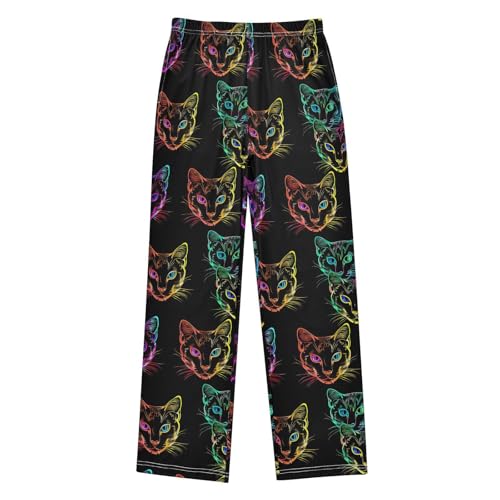 Colorful Neon Cat Blacl Pajamas Bottoms with Pockets Comfy Pjs