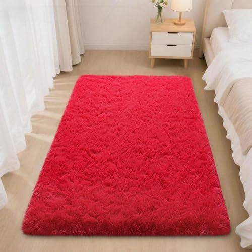 Red Rugs for Bedroom, 2x3 Fluffy Area Rugs for Living Room, Soft Shag Kids Rug Small Carpet with 4 Non-Slip Rug Pads (Red, 2ft x 3ft)