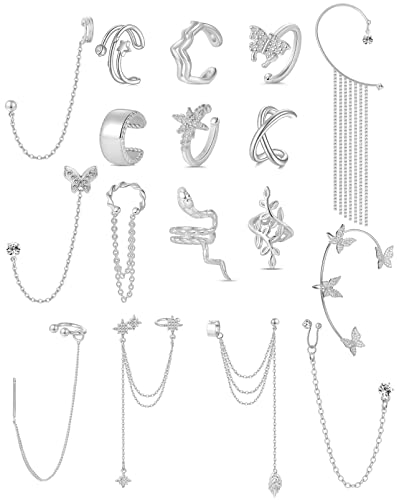 Tornito 17Pcs Ear Cuffs Chain Earrings Snake Butterfly Leaf Non Piercing Clip on Earring Fake Helix Cartilage Earrings Ear Clip Jewelry Silver Gold Tone