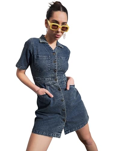 Image of Sassafras Women's Mini Short Sleeves Blast Denim Front Button - Casual Streetwear Denim Dress