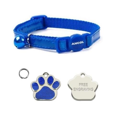 ANCOL Cat Blue Reflective Gloss Quick Release Collar With Paw Print Shaped Nickel Cat ID Tag Cover