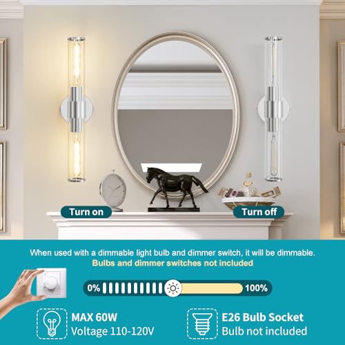 Image of Hardwired Chrome Bathroom Vanity Light Clear Glass Wall Sconce | Up & Down Bidirectional Lighting, Damp Rated For Bathrooms, Dimmable, Rustproof Metal, 3-Year Manufacturer Warranty