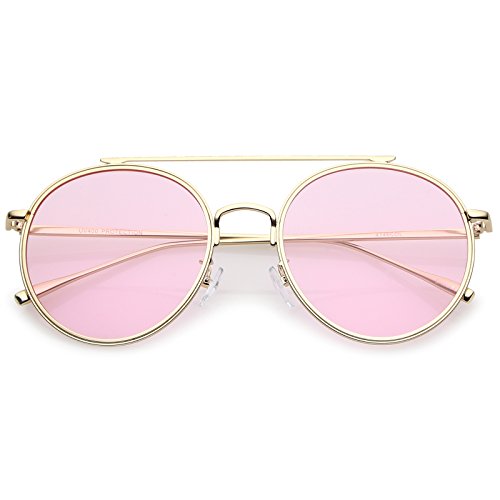 zeroUV Modern Metal Round Aviator Sunglasses With Crossbar Slim Arms And Colored Flat Lens 54mm (Gold/Pink)