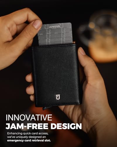 Jenoss Smart Wallet For Men: Full Grain Leather, Handcrafted, Slide Metal Pop Up Case, Slim RFID Blocking Credit Card Holder, Minimalist Compact 12 Cards Slot Organizers ID Money Clip (Black & Brown)3