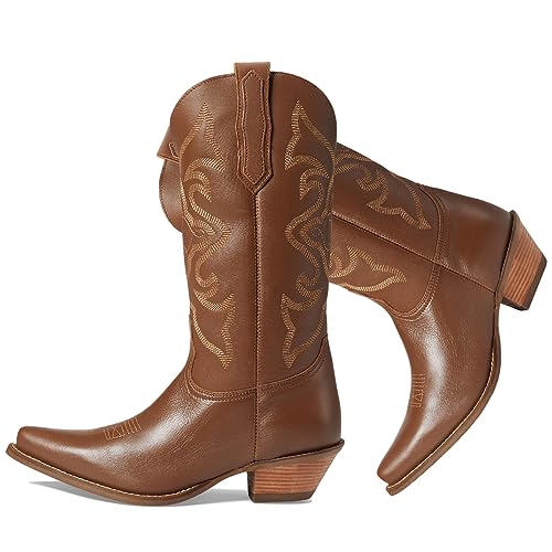 Image of LEHOOR Cowboy Boots Women Embroidered Mid Calf Western Boots Stacked Low Heel Pointed Toe Pull On Cowgirl Boot 4-11 M US