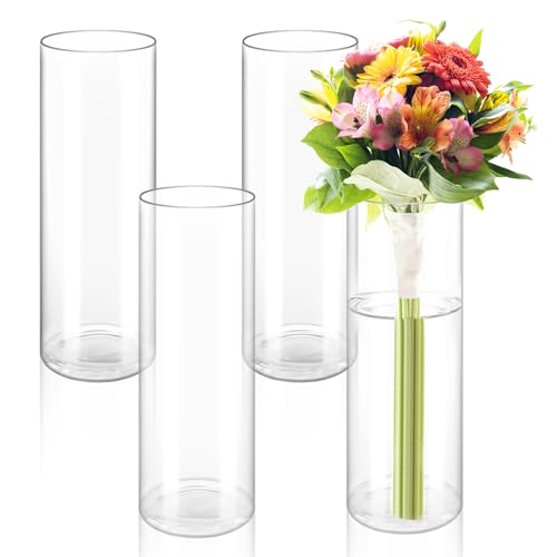 APACALI Lot de 4 vases cylindriques en verre transparent, grands, 30 x 10 cm, pour orchidées, roses, tulipes, herbe de la pampa, décoration de table