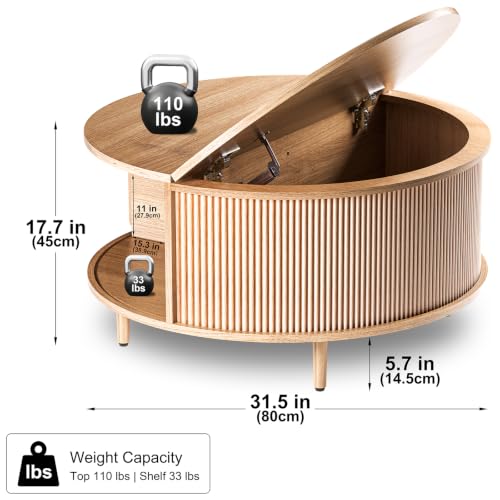 Image of Round Coffee Table, 31.5 inch Fluted Center Table with Storage, Lift-Top Coffee Table with Adjustable Footpads, Sliding Door, Mid-Century Modern Center Table for Living Room, Small Space (Nature)