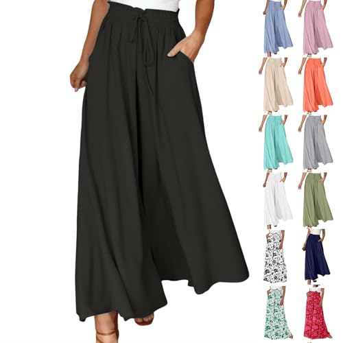 Generisch Hosenrock Damen Lang Weite Hose Damen Sommer mit Taschen Kordelzug Atmungsaktive Hohe Taille Elastischer Bund Kordelzug Freizeithose Elegante Einfarbig Sommerhose für Strand Büro Alltag