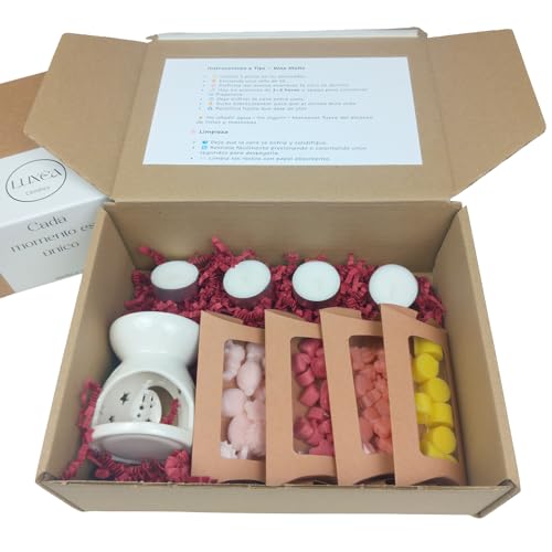 Wax Melts Aromáticos con Quemador + 4 Fragancias y 4 Velas de Té – Set de Aromaterapia para el Hogar – LUXÈA Regalo Original Día de la Madre, cumpleaños etc. Relax y Decoración. Hechas a mano