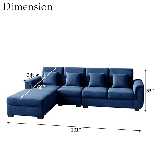 Image of Wood 6 Seater Sofa Set | Velvet Fabric Upholstery | Modern Wooden Frame Sectional Couch with Cushions for Living Room, Home & Office (Blue)