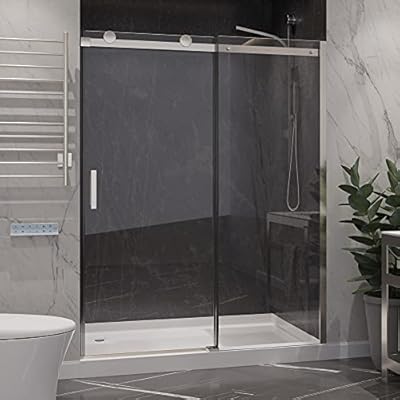 ANZZI 76" x 48" Frameless Shower Door in Brushed Nickel, Rhodes Water Repellent Glass Shower Door with Seal Strip Handle Parts, Easy Glide Rollers Sliding Shower Door (SD-FRLS05701BN)