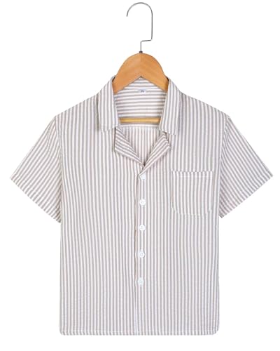 Image of Boys Summer Textured Outfit Beach Short Sleeve Button Down Shirts and Shorts 2 Piece Vacation Clothing Set for Kids