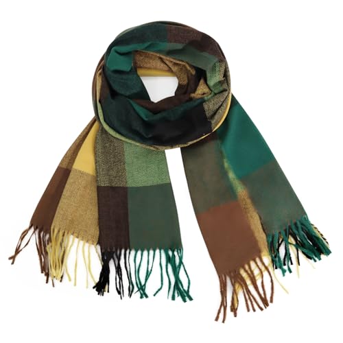Glamexx24 Damen Winter Kariert Schal, Strickset Schal übergroßer Quadratisch Deckenschal Halstuch Streifen Muster Fransen Ponch, Schwarz-Braun-Gruen