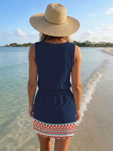 Image of SAUKOLE Womens Sleeveless T Shirt Dresses Casual Cute Floral Print Short Dress Summer Fashion Front Pockets