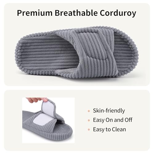Womens Open Toe Slippers with Arch Support,Corduroy Indoor House Slippers Adjustable Comfort Bedroom Shoes Size 5-123