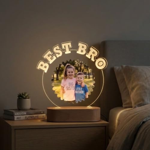 Image of Best Bro Personalized LED Table Lamp - Custom Photo Multicolor Night Light for Brother - Baby Sibling Gift, Acrylic Lamp for Raksha Bandhan, Birthday or Nursery Decor