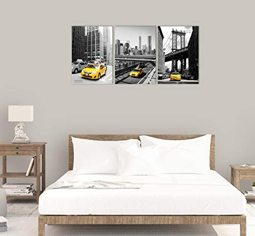 New York City Skyline Yellow Taxi Wall Art Decor Black And White Manhattan Bridge Modern Artwork Canvas Painting Prints Pictures Home Decor For Living Room Dining Room Bedroom #TOP2