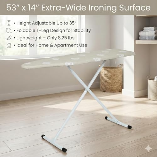 Beige T-Leg Ironing Board with Cotton Cover, 53" x 14" Ironing Board Foldable,Height Adjustable,Home Use - Thumbnail 4