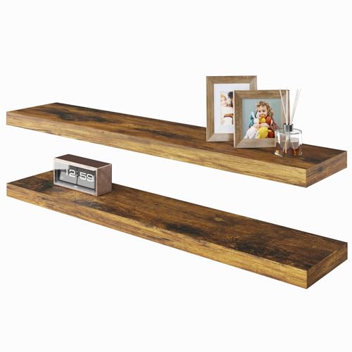 BAMEOS Floating Shelves, 31W x 7D Rustic Brown Wall Mounted Wooden Shelves with Invisible Brackets Set of 2, Hanging Wall Shelves Decoration for Bedroom, Bathroom, Living Room and Kitchen