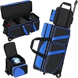 Aleemin 4 Ball Bowling Bag with Wheels, Bowling Bag 4 Ball Roller with Multi-pocket & Shoe Compartment & Retractable Handle, 3 Ball Roller Bag + 1 Ball Color Matching Add On Tote (Blue)