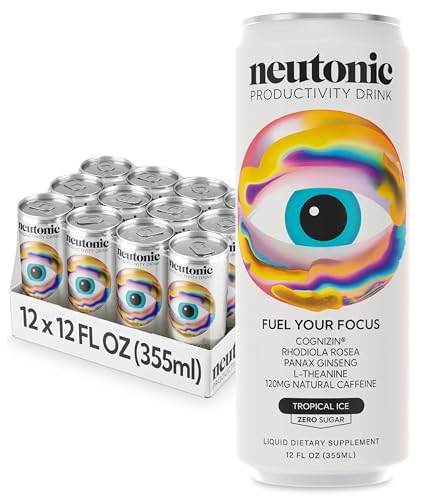Neutonic Nootropic Productivity Energy Drink | Tropical Ice 12 Cans | 120mg Natural Caffeine, Zero Sugar | Support Memory, Mental Clarity, Cognitive Function | Boost Focus, Energy, Brain Health