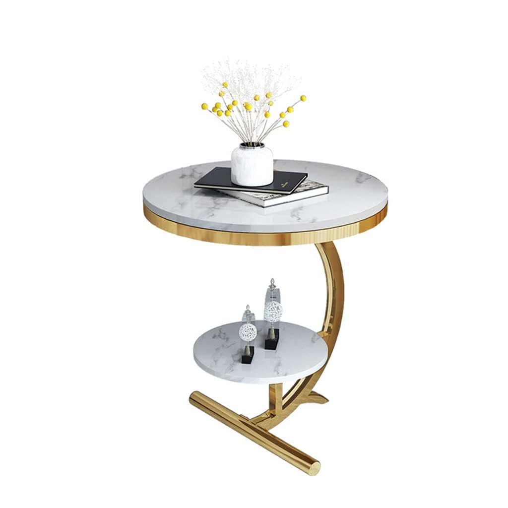 Tavolino moderno in marmo a 2 livelli per soggiorno e hotel, in oro e bianco, con design ad angolo rotondo