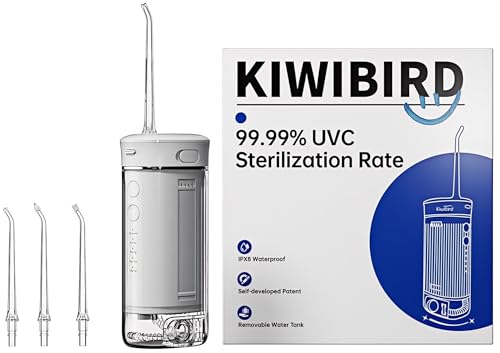 KIWIBIRD Mini Water Flosser for Travel, Ultra-Portable Cordless Oral Irrigator with UVC Light, IPX8 Waterproof 3 Modes, 230mL Teeth Cleaner for Tonsil Stones & Braces Care - Home & Travel (Grey)