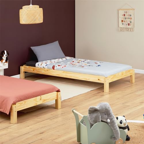 IDIMEX Lot de 2 Lits superposables RINO 90 x 190 cm, Lits Simples 1 Place, Couchage d'appoint, en pin Massif Vernis Naturel