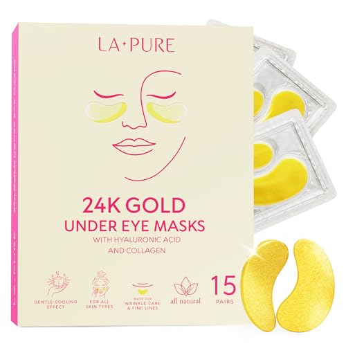 LA PURE 24k Gold Under Eye Mask for Dark Circles and Puffiness, Revitalizing & Non-Irritating Anti Aging Eye Patches with Hyaluronic Acid & Collagen - Dermatologically Tested - 15 Pairs Eye Gel Pads