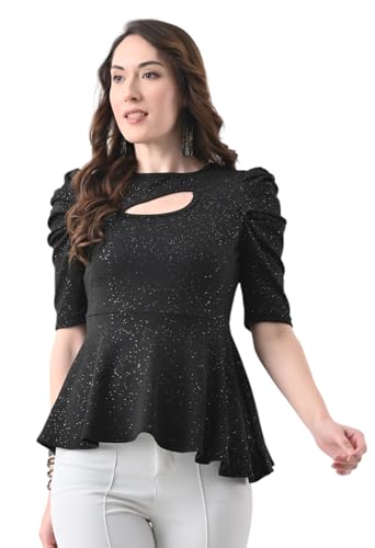 Image of Women's Glitter Peplum Top with Keyhole Neck | Puff Sleeve Top