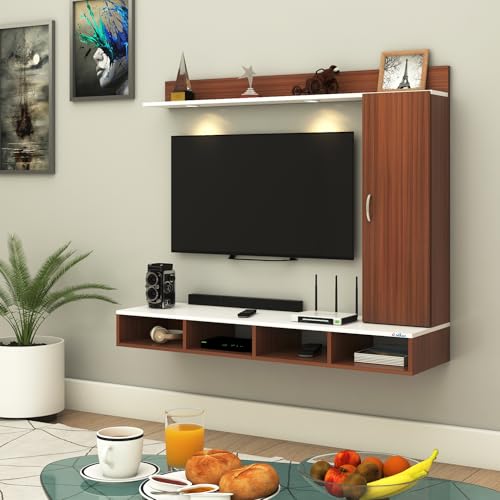 Image of Anikaa Dorex Engineered Wood Wall Mounted TV Unit with LED Lights, Storage Cabinet & Display Shelf for Living Room | Ideal for Upto 43 Inch TV- Walnut /White(DIY Installation)