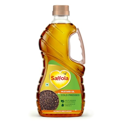 Image of Saffola Cold Pressed Mustard Oil | 100% Cold Pressed Mustard Seed Oil | Kachi ghani Mustard Oil, 0 trans fat, Unrefined, Chemical free | Helps Manage Cholesterol, Goodness of Omega 3 with Authentic Seed Flavour | 2L Pet Bottle