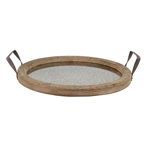 Stonebriar Round Brown Wood Serving Tray with Metal Handles and Distressed Mirror, Rustic Butler Serving Tray, Vintage Centerpiece or Candle Holder, Small