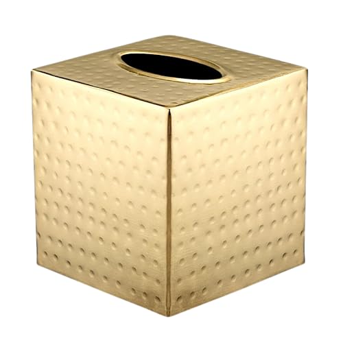 Monarch Abode Tissue Box Cover Square Hand Hammered Brushed Gold Metal Tissue Holder Box for Bathroom Accessory Aesthetic Decorative Facial Napkin Cube for Modern Home Decor