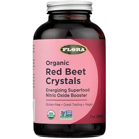 Flora - Organic Red Beet Crystals, Energizing Superfood, Nitric Oxide Booster, Vegan, Equals 5.5 lbs. of Red Beets, Pressed from Fresh Harvested Organic Beets, 7-oz. Powder Cover