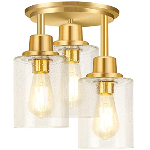 Semi Flush Mount Ceiling Light, 3-Light Close To Ceiling Light Fixtures, Brass Gold Finish Kitchen Light Fixtures With Clear Seeded Glass Shade Patriot Lighting For Entryway Porch Hallway Foyer #TOP1