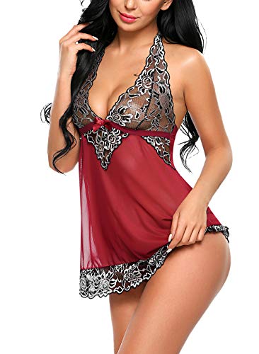 Avidlove Sexy Lingerie for Women Halter V-Neck Lingerie Lace Babydoll Mesh Chemise Nightwear Outfits Dark Red S