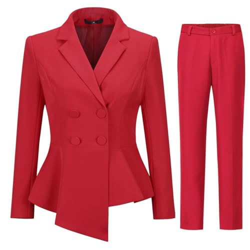 YUNCLOS Womens Suits 2 Piece Set Business Casual Double Breasted Blazer and Pantsuits for Work Office Red