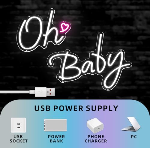 Image of Oh Baby Neon Sign Baby Shower Led Light up Sign for Backdrop Party Decor, Gender Reveal,Bedroom Wall Decor White 37.7x15.7inch