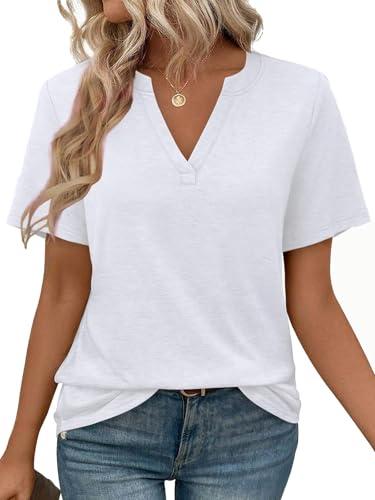 Cuptacc Camiseta Mujer Manga Corta Color Sólido Top Mujer Verano Elegantes Cuello en V Camisa Blanco, Large L 42-44
