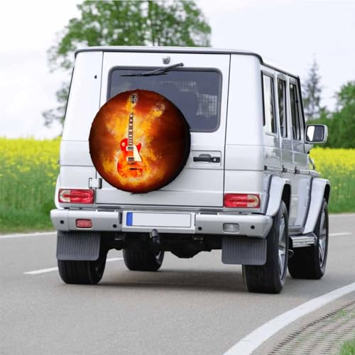 Image of Rock Guitar in Burning Fire Spare Tire Cover for RV Trailer Rock Instrument Guitar Wheel Protectors Weatherproof Polyester Tire Case for All Cars SUV Camper Travel 15 inch, STC065
