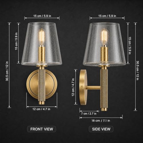 Image of 12 inch Knurled Brass Wall Sconce with Clear Seeded Glass Shade,Vintage Wall Light Fixture, Gold Bathroom Vanity Light, Hardwired Dimmable Wall Lamp for Bedroom Living Room Hallway Entryway