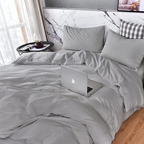 Grey Duvet Cover Twin Size - Cotton-Like Washed Microfiber Twin Duvet Cover Set 3 Piece, Ultra Soft Twin Comforter Cover Grey Quilt Cover with Zipper Closure, 1 Cover, 2 Pillow Shams