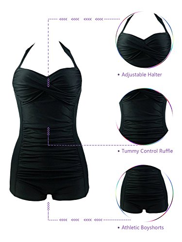 American Trends Fashion Womens Vintage Athletic Swimsuits Push Up Tummy Control One Piece Plus Bathing Suit Boyshort Swimwear Retro Black Us Size 8-10 Tag Size 2Xl thumb #3
