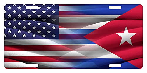 Cuba Flag & USA Flag License Plate Sign Cuban American Emblem Wave Version II