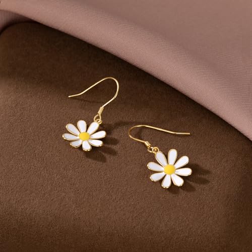 Image of SLUYNZ 925 Sterling Silver White Flower Dangle Earrings for Women Teen Girls Daisy Flower Drop Earrings Summer Spring