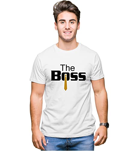 Image of Hangout Hub Hangout-Hub024$P Couple Tshirts for Couples | Printed The Boss The Real Boss T-Shirts | Men's and Women's Round Neck T-Shirt (Pack of 2, Cotton, Half Sleeves)